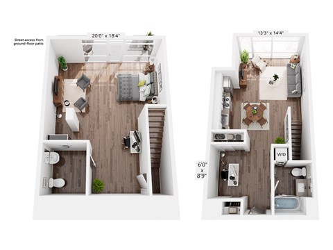 Floor plan for 1 bed, 2 baths, 1283 sqft